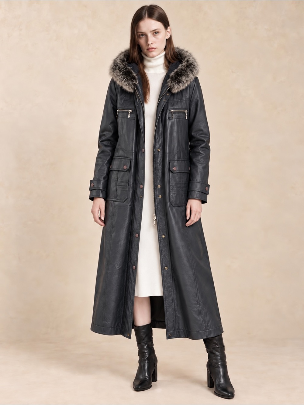 Black Long Faux Leather Coat Faux Fur Collar Size 44 Made in Turkeyً  Jokanda